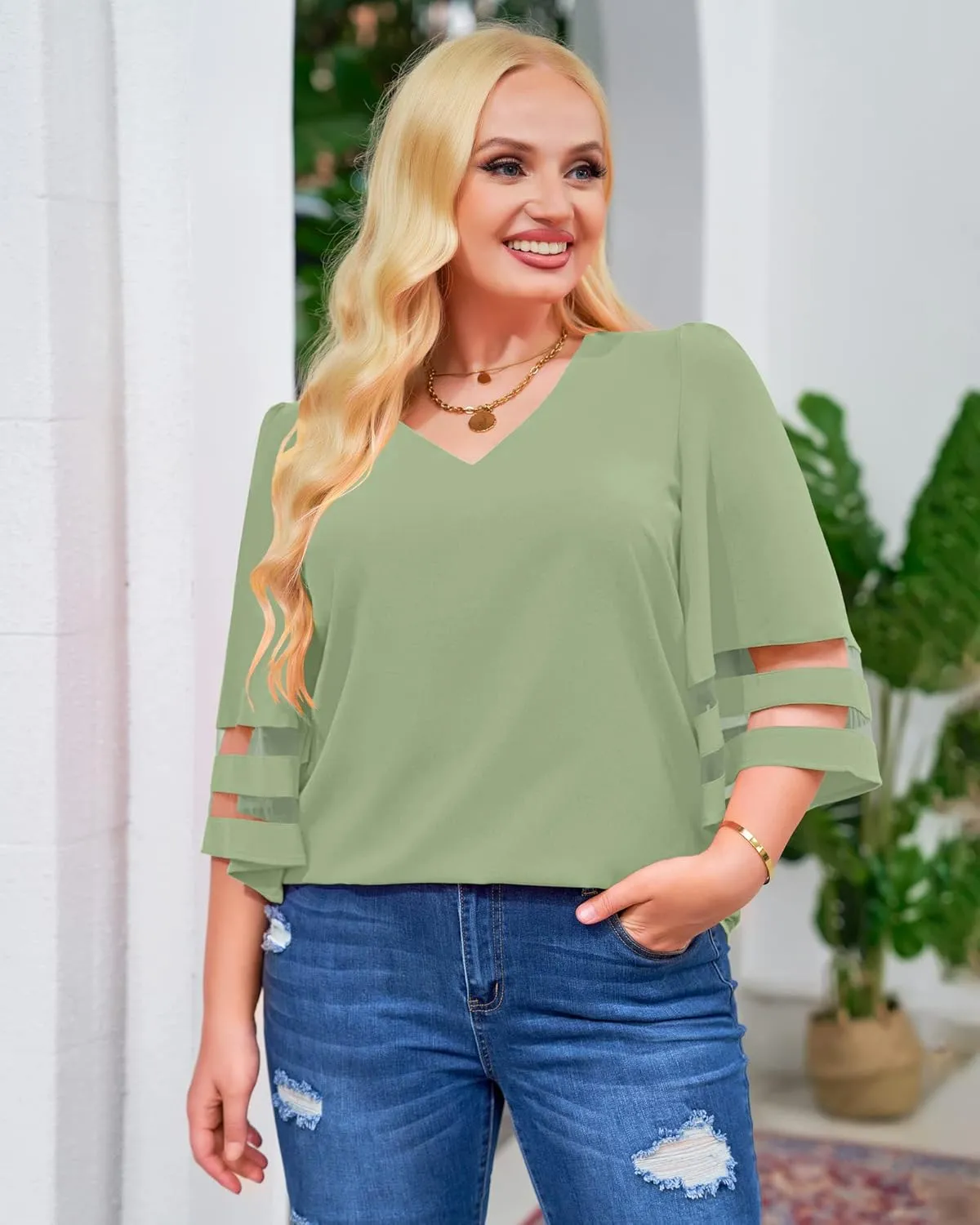 LookbookStore Women's V Neck Mesh Panel Blouse 3/4 Bell Sleeve Loose Top Shirt