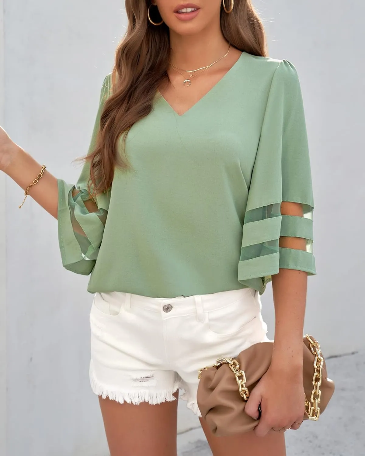 LookbookStore Women's V Neck Mesh Panel Blouse 3/4 Bell Sleeve Loose Top Shirt