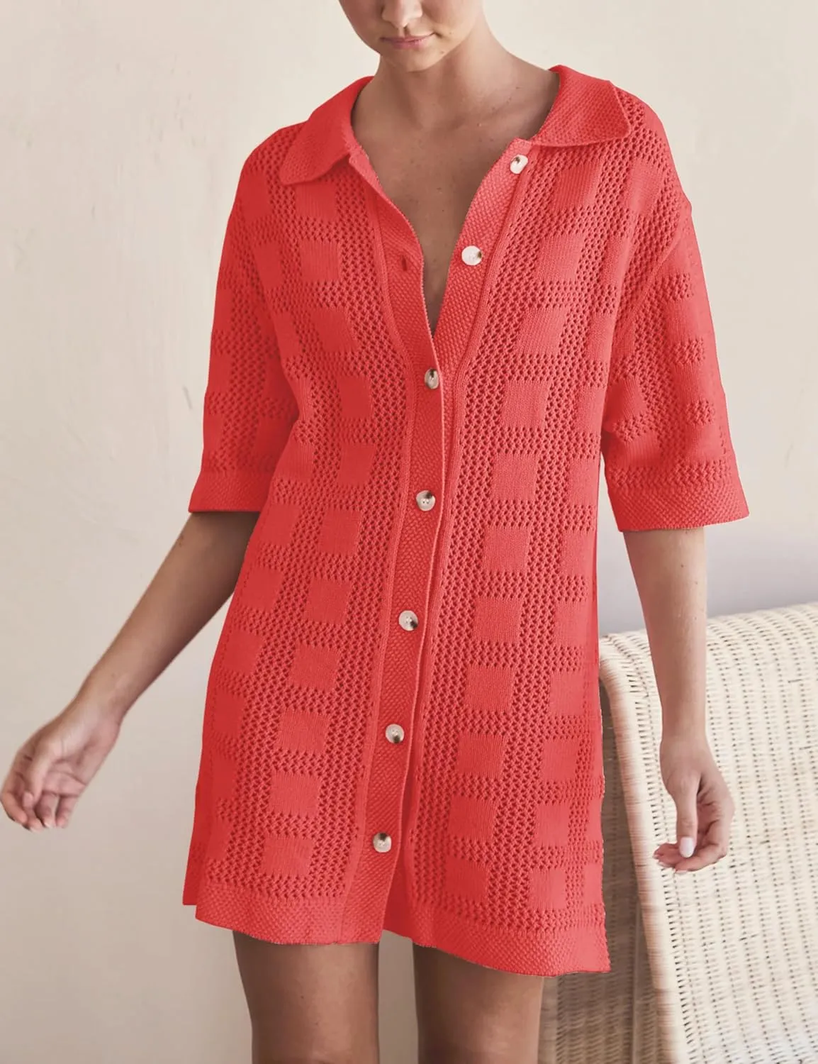 Lumister Lightweight Knit Dress Crochet Button Cover Up Bathing Suit Swimwear Knit Beach Summer Dress for Women