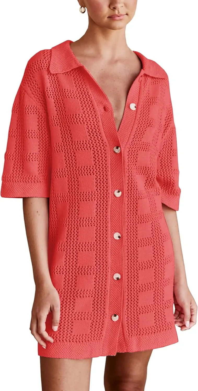 Lumister Lightweight Knit Dress Crochet Button Cover Up Bathing Suit Swimwear Knit Beach Summer Dress for Women