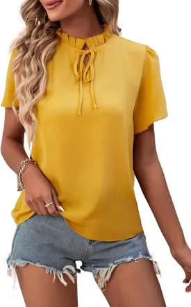 LYANER Women's Elegant Frill Mock Neck Ruffle Short Sleeve Blouse Work Shirt Top