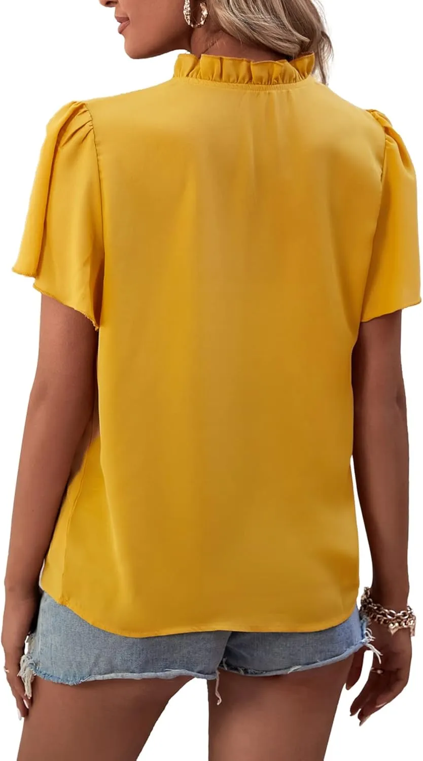 LYANER Women's Elegant Frill Mock Neck Ruffle Short Sleeve Blouse Work Shirt Top