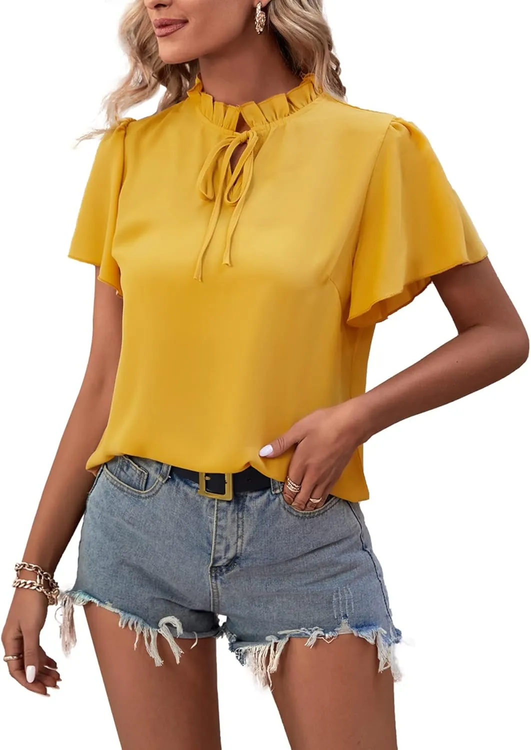LYANER Women's Elegant Frill Mock Neck Ruffle Short Sleeve Blouse Work Shirt Top