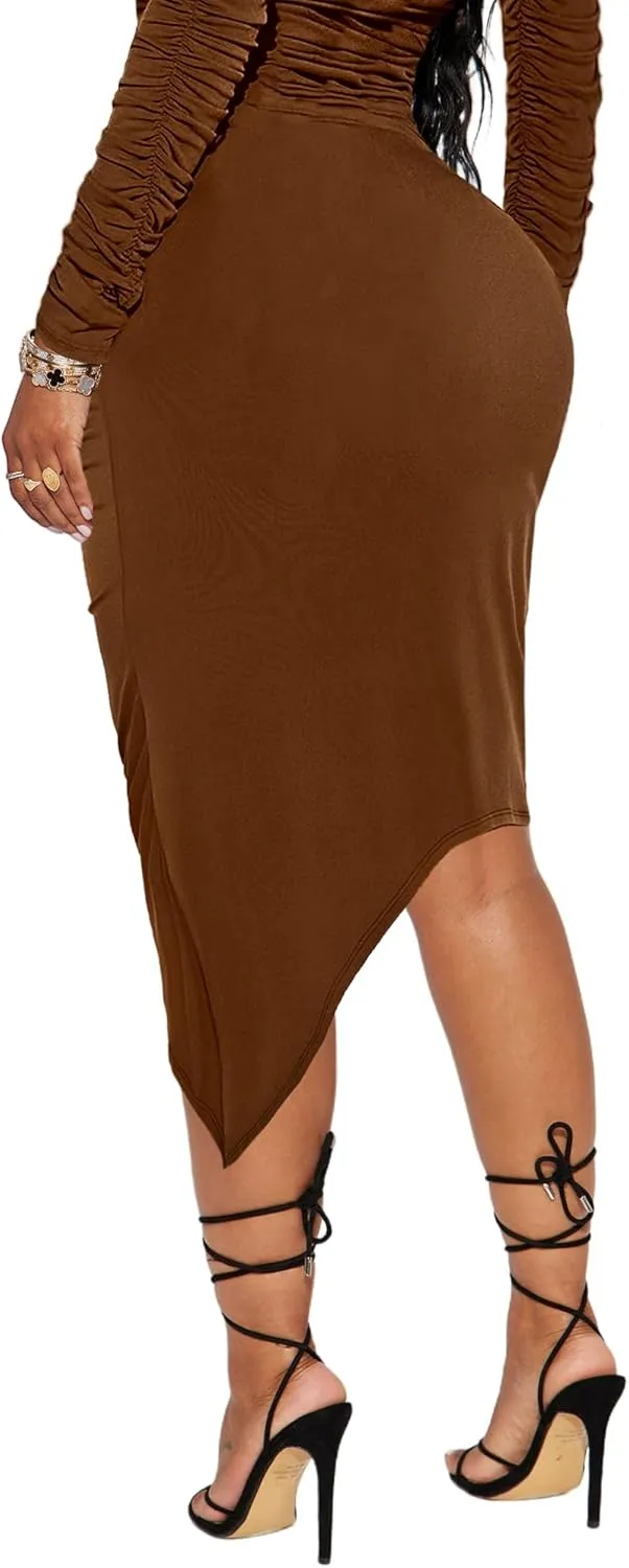 MAYFASEY Women's Ruched Pencil Skirt High Wiast Slim Bodycon Party Club Asymmetrical Long Maxi Midi Skirts