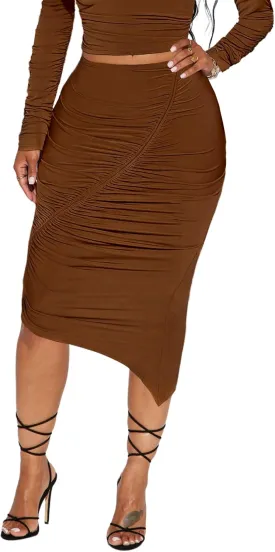 MAYFASEY Women's Ruched Pencil Skirt High Wiast Slim Bodycon Party Club Asymmetrical Long Maxi Midi Skirts