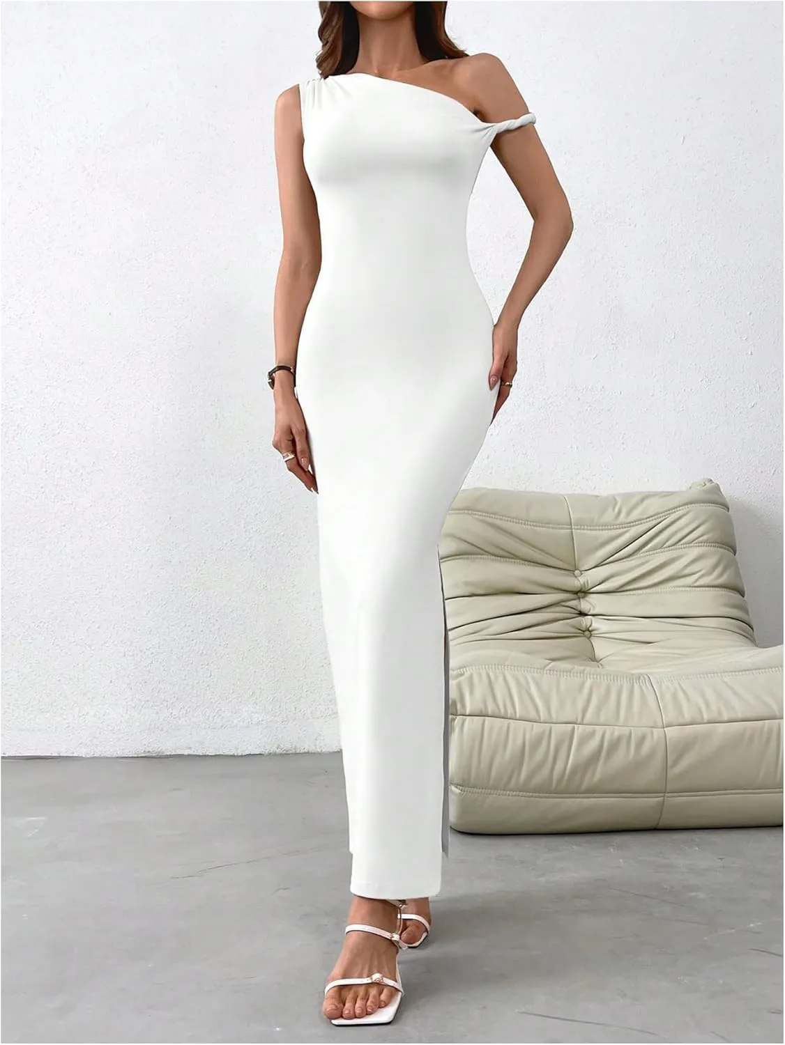 Milumia Women's One Shoulder Twisted Asymmetrical Neck Sleeveless Bodycon Maxi Dresses