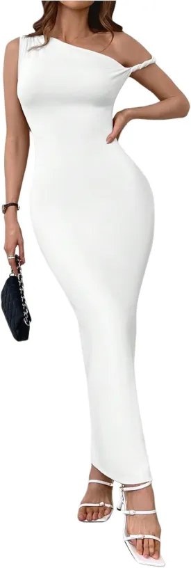 Milumia Women's One Shoulder Twisted Asymmetrical Neck Sleeveless Bodycon Maxi Dresses