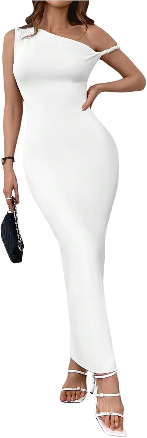 Milumia Women's One Shoulder Twisted Asymmetrical Neck Sleeveless Bodycon Maxi Dresses