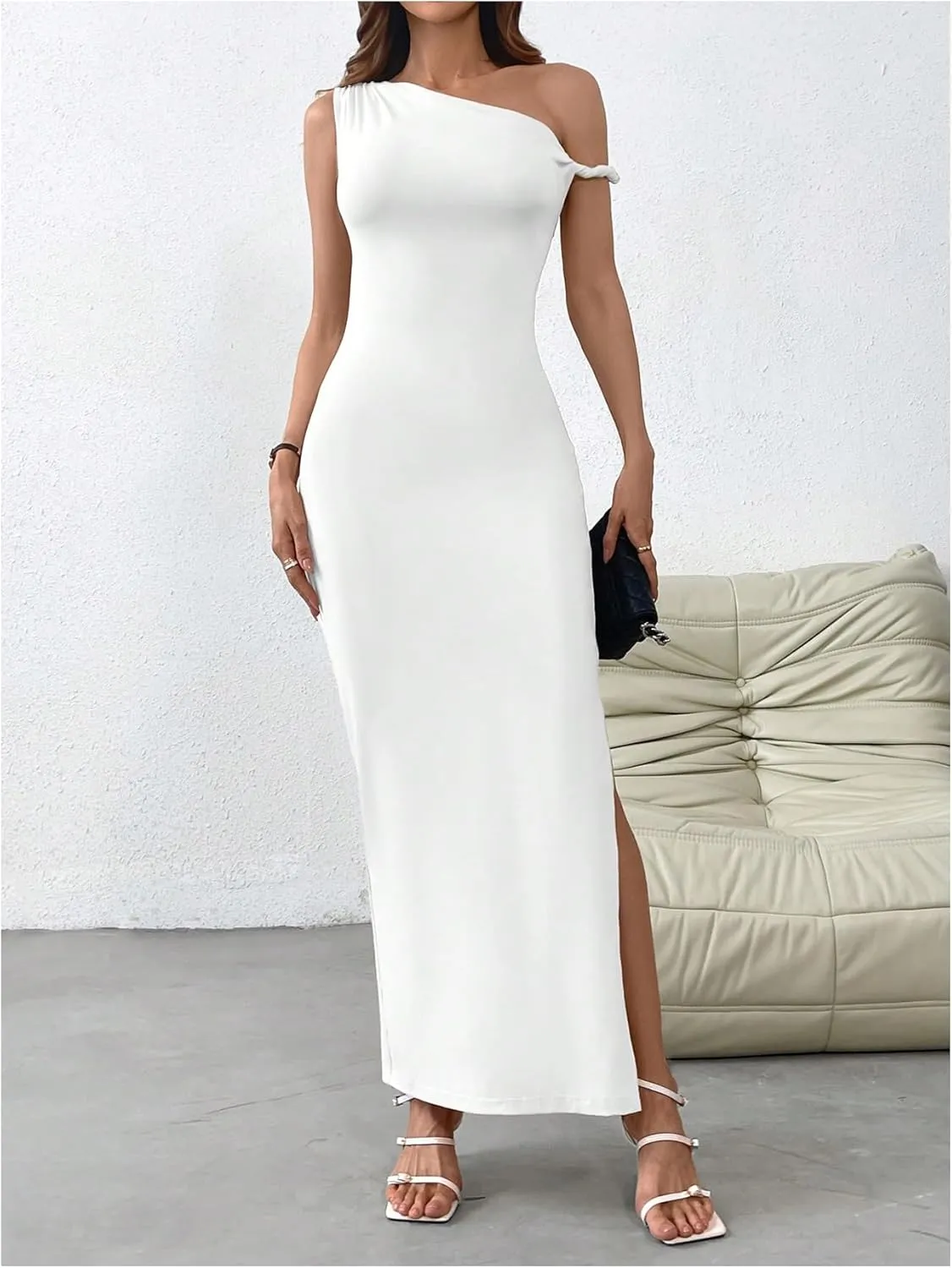 Milumia Women's One Shoulder Twisted Asymmetrical Neck Sleeveless Bodycon Maxi Dresses