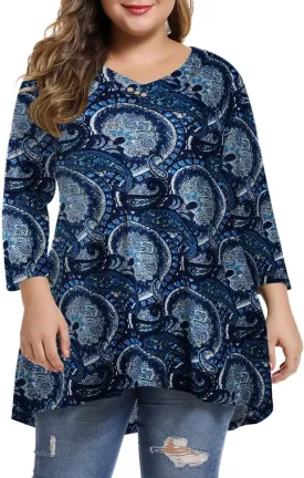 MONNURO Womens Plus Size 3/4 Sleeve V Neck Button Casual Loose Flowy Swing Tunic Tops Basic Tee Shirts for Leggings
