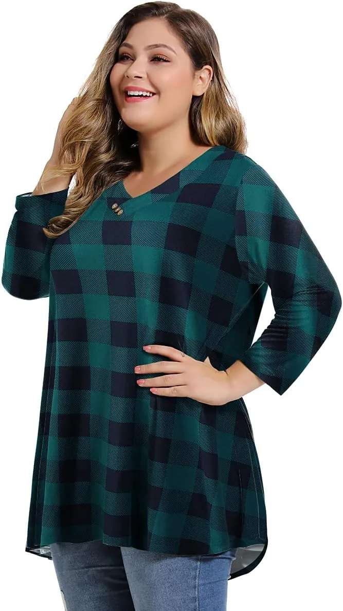 MONNURO Womens Plus Size 3/4 Sleeve V Neck Button Casual Loose Flowy Swing Tunic Tops Basic Tee Shirts for Leggings