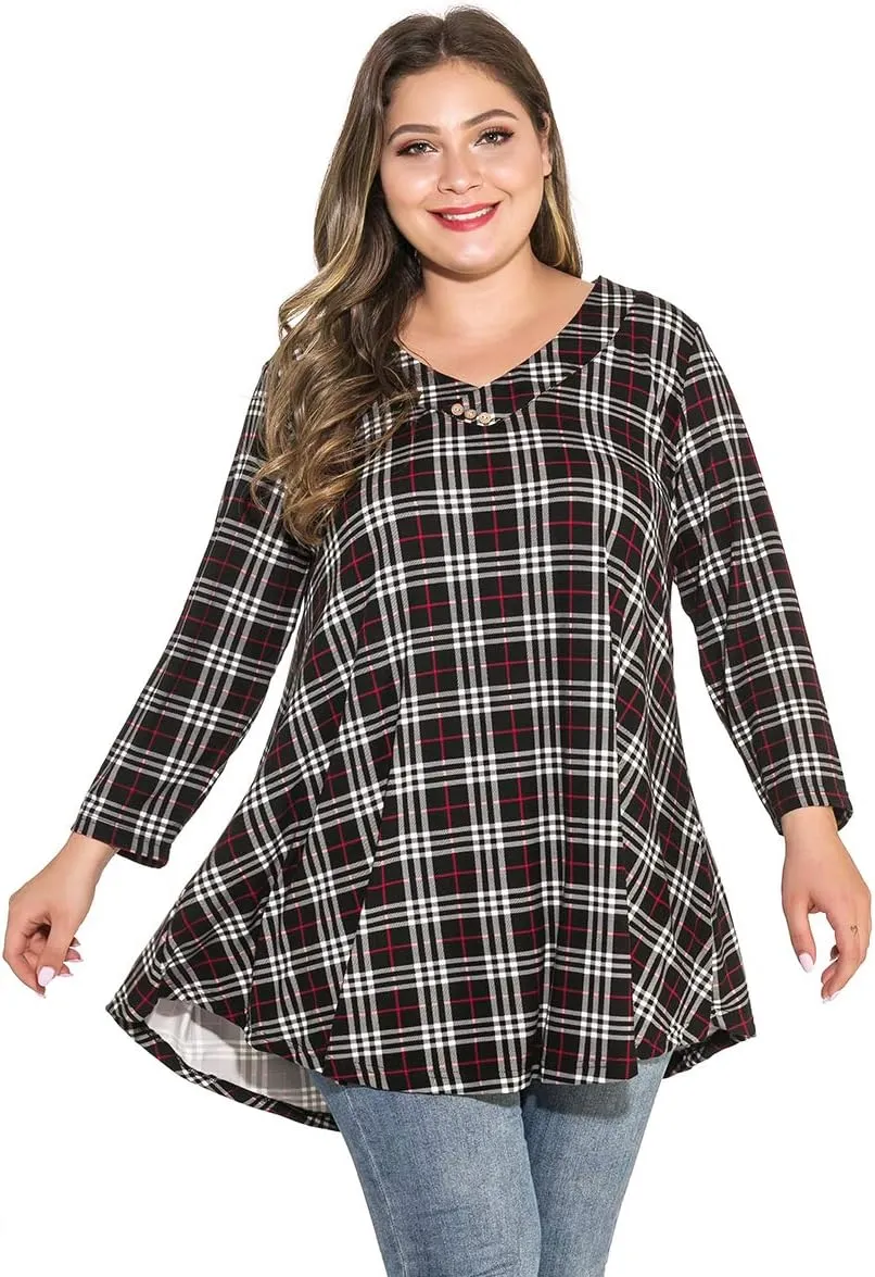 MONNURO Womens Plus Size 3/4 Sleeve V Neck Button Casual Loose Flowy Swing Tunic Tops Basic Tee Shirts for Leggings