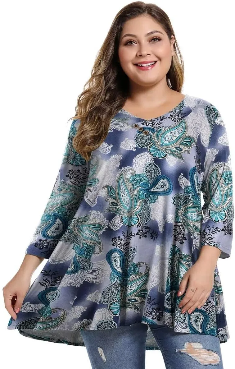 MONNURO Womens Plus Size 3/4 Sleeve V Neck Button Casual Loose Flowy Swing Tunic Tops Basic Tee Shirts for Leggings