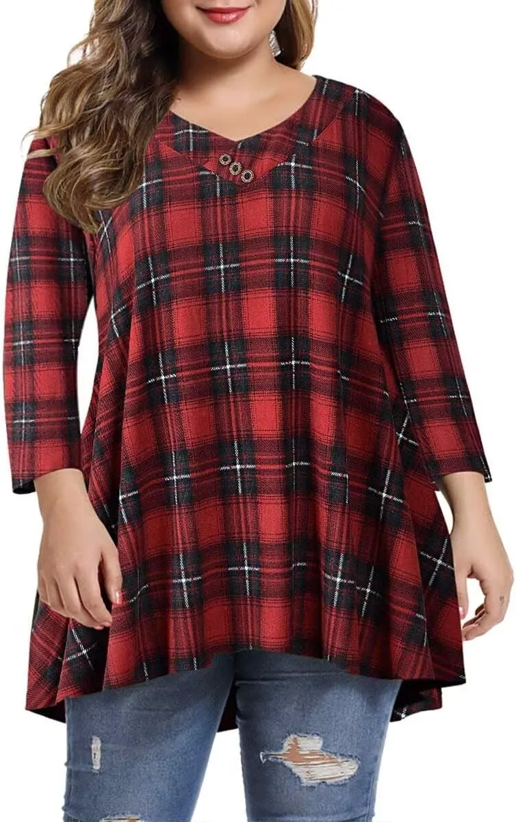 MONNURO Womens Plus Size 3/4 Sleeve V Neck Button Casual Loose Flowy Swing Tunic Tops Basic Tee Shirts for Leggings