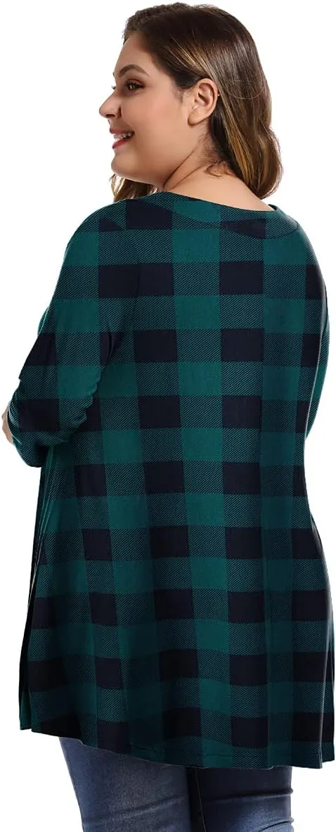 MONNURO Womens Plus Size 3/4 Sleeve V Neck Button Casual Loose Flowy Swing Tunic Tops Basic Tee Shirts for Leggings