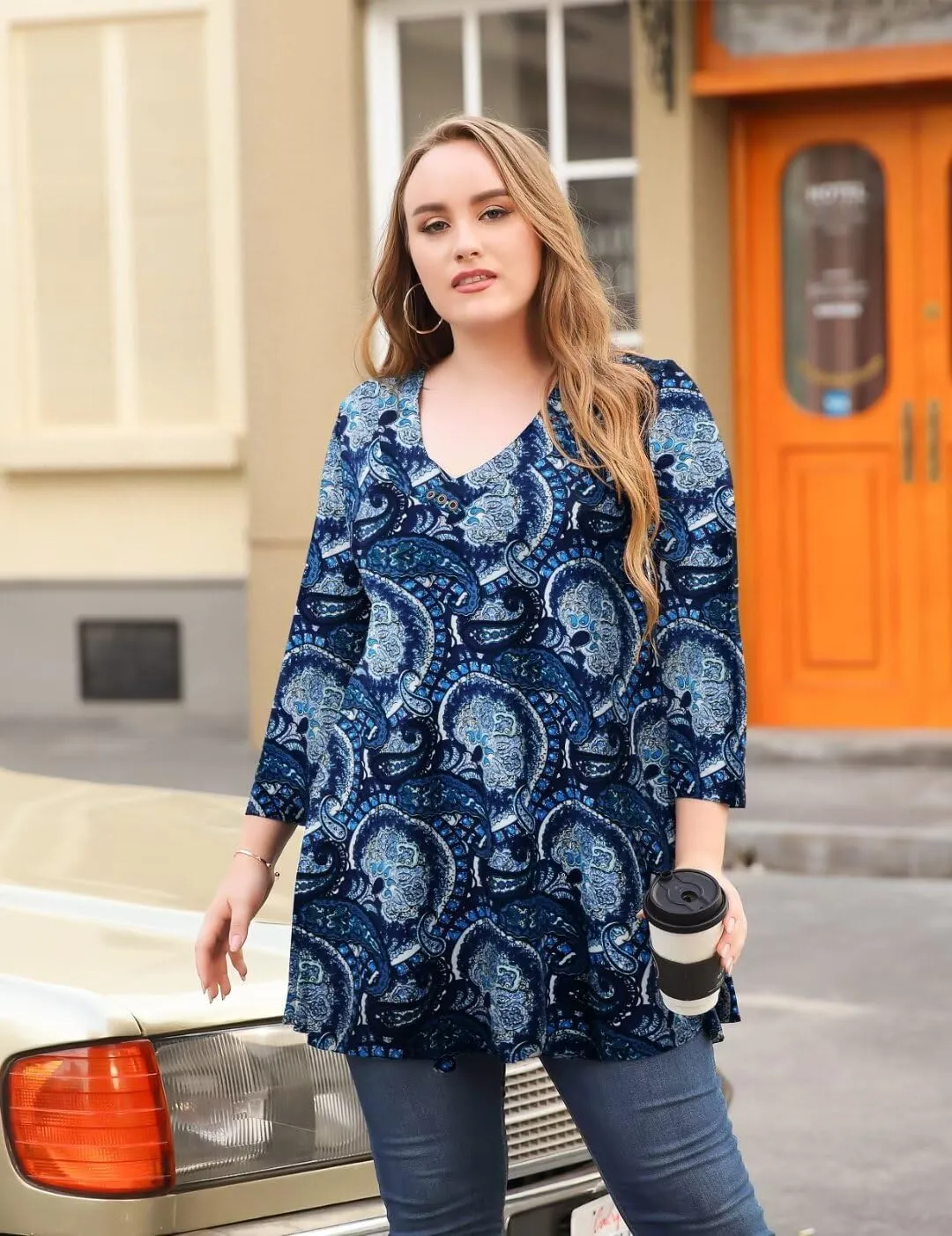 MONNURO Womens Plus Size 3/4 Sleeve V Neck Button Casual Loose Flowy Swing Tunic Tops Basic Tee Shirts for Leggings