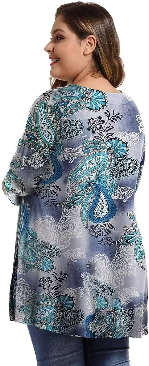 MONNURO Womens Plus Size 3/4 Sleeve V Neck Button Casual Loose Flowy Swing Tunic Tops Basic Tee Shirts for Leggings