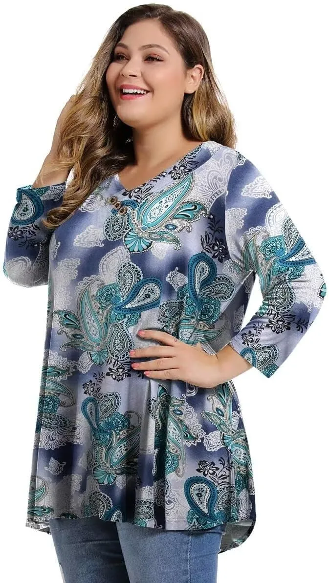 MONNURO Womens Plus Size 3/4 Sleeve V Neck Button Casual Loose Flowy Swing Tunic Tops Basic Tee Shirts for Leggings