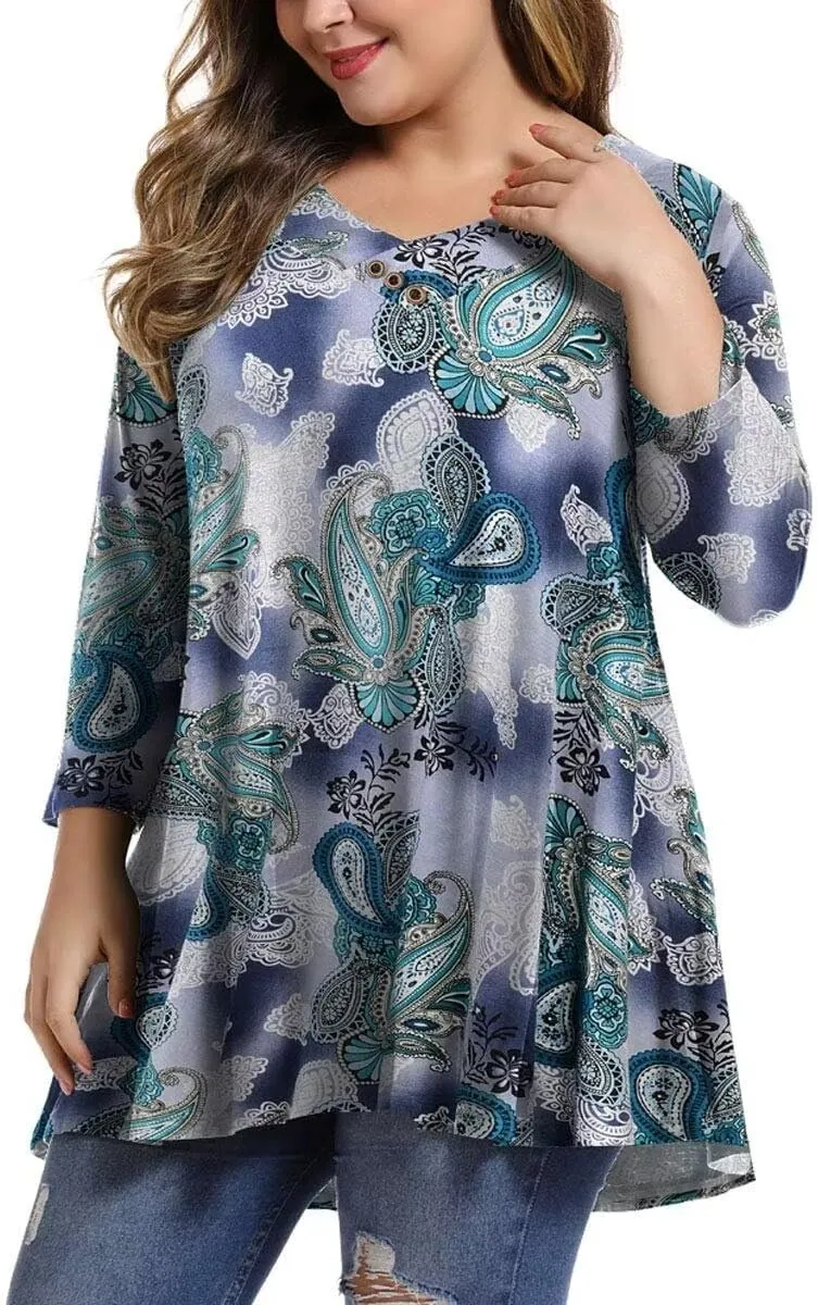 MONNURO Womens Plus Size 3/4 Sleeve V Neck Button Casual Loose Flowy Swing Tunic Tops Basic Tee Shirts for Leggings