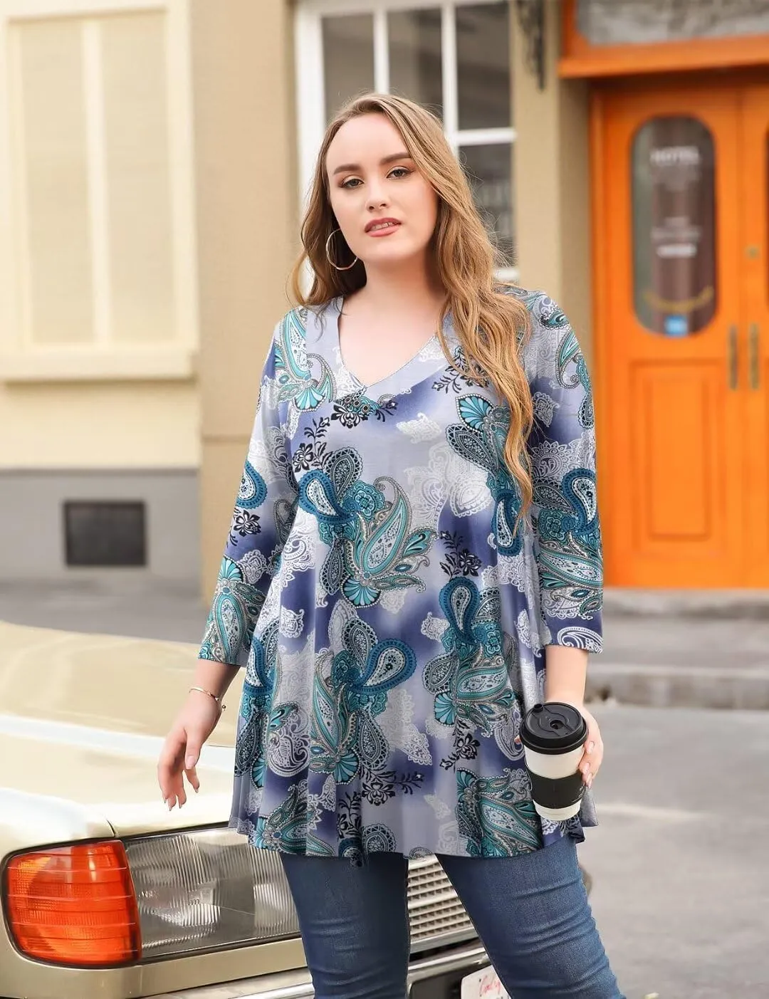MONNURO Womens Plus Size 3/4 Sleeve V Neck Button Casual Loose Flowy Swing Tunic Tops Basic Tee Shirts for Leggings