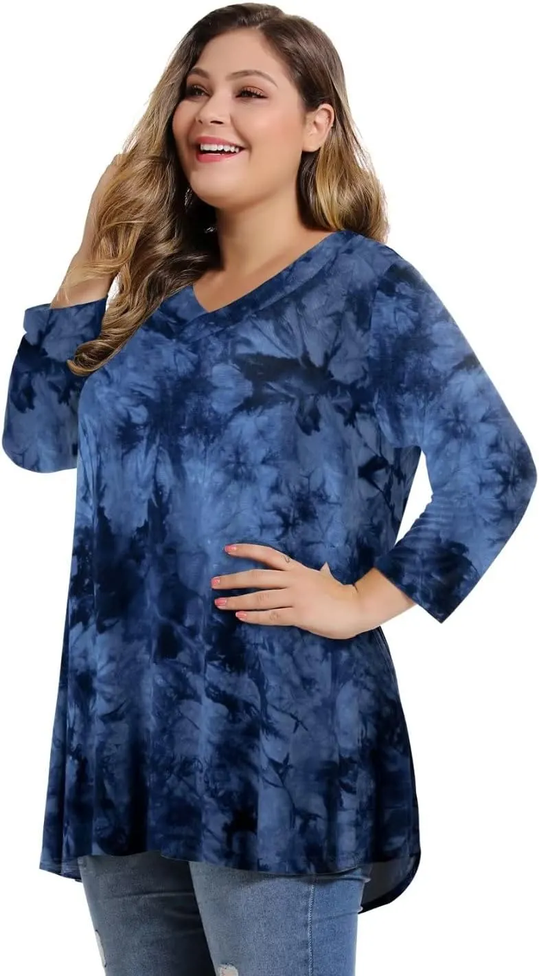 MONNURO Womens Plus Size 3/4 Sleeve V Neck Button Casual Loose Flowy Swing Tunic Tops Basic Tee Shirts for Leggings