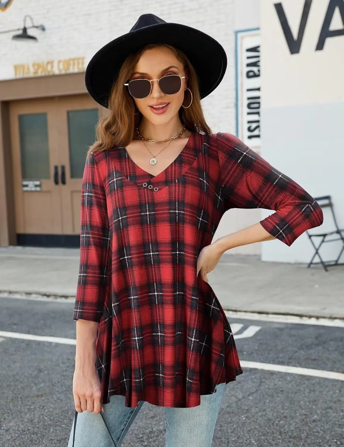 MONNURO Womens Plus Size 3/4 Sleeve V Neck Button Casual Loose Flowy Swing Tunic Tops Basic Tee Shirts for Leggings
