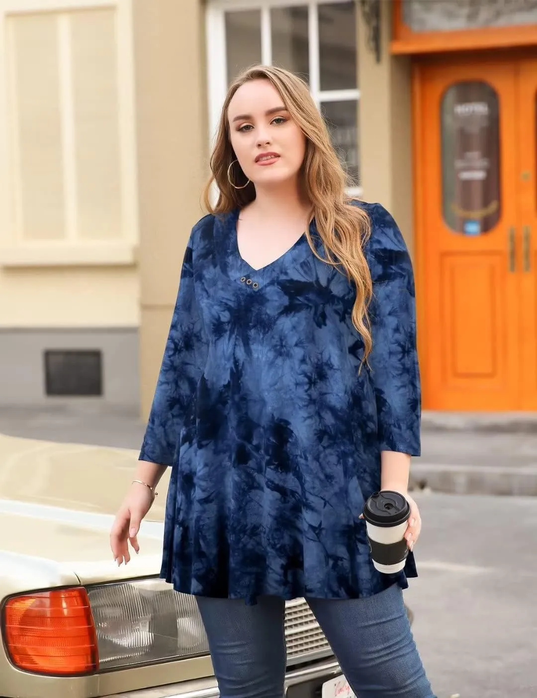 MONNURO Womens Plus Size 3/4 Sleeve V Neck Button Casual Loose Flowy Swing Tunic Tops Basic Tee Shirts for Leggings