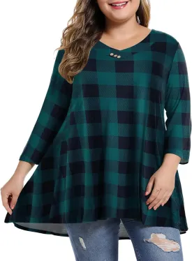 MONNURO Womens Plus Size 3/4 Sleeve V Neck Button Casual Loose Flowy Swing Tunic Tops Basic Tee Shirts for Leggings