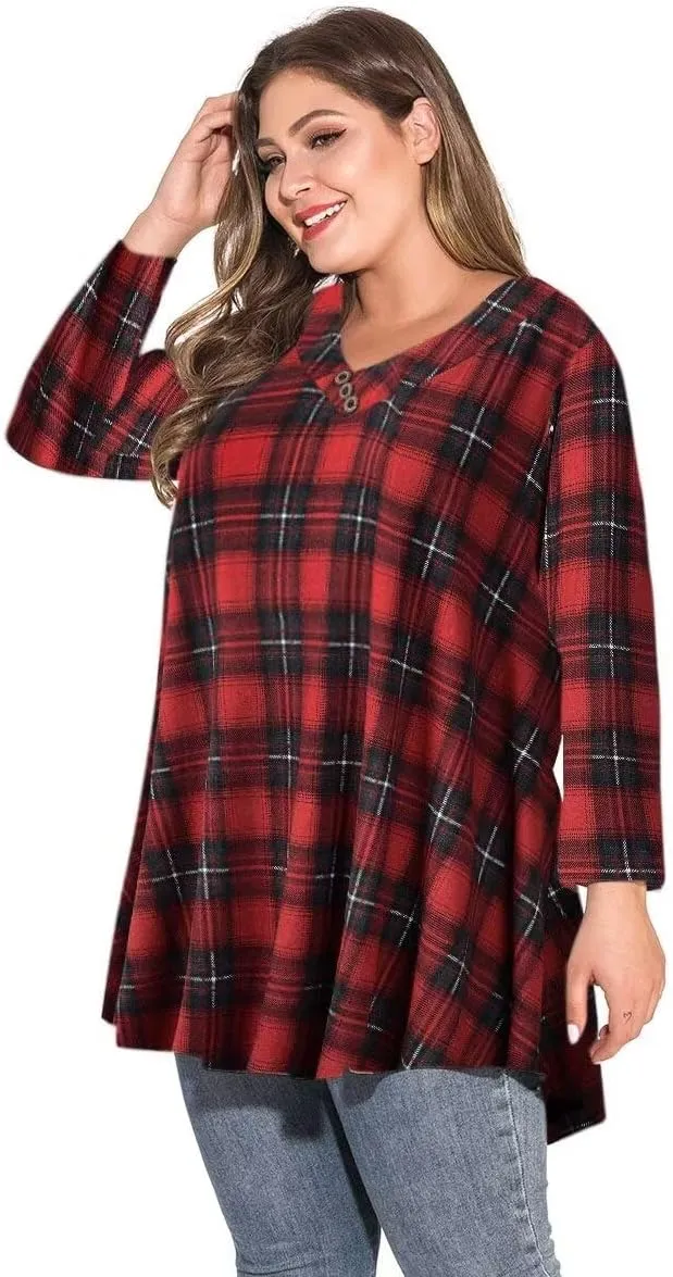 MONNURO Womens Plus Size 3/4 Sleeve V Neck Button Casual Loose Flowy Swing Tunic Tops Basic Tee Shirts for Leggings