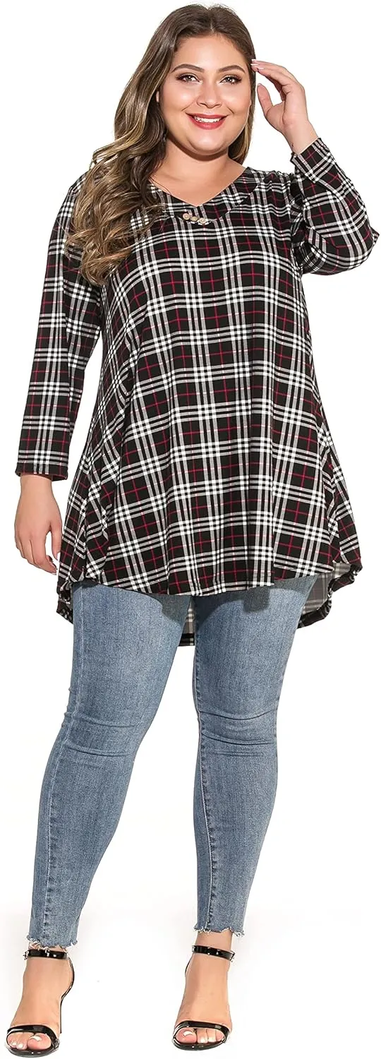 MONNURO Womens Plus Size 3/4 Sleeve V Neck Button Casual Loose Flowy Swing Tunic Tops Basic Tee Shirts for Leggings