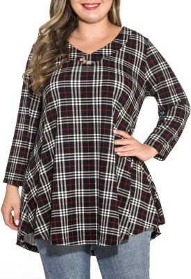 MONNURO Womens Plus Size 3/4 Sleeve V Neck Button Casual Loose Flowy Swing Tunic Tops Basic Tee Shirts for Leggings