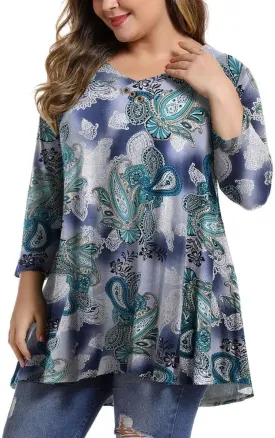 MONNURO Womens Plus Size 3/4 Sleeve V Neck Button Casual Loose Flowy Swing Tunic Tops Basic Tee Shirts for Leggings