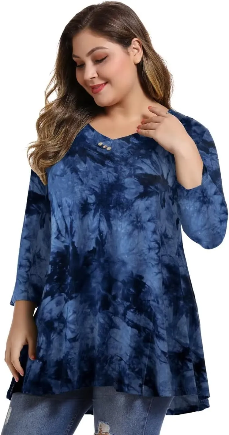 MONNURO Womens Plus Size 3/4 Sleeve V Neck Button Casual Loose Flowy Swing Tunic Tops Basic Tee Shirts for Leggings