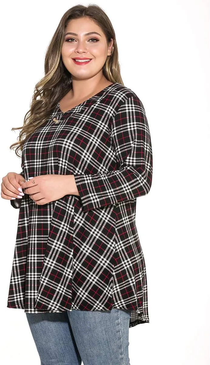 MONNURO Womens Plus Size 3/4 Sleeve V Neck Button Casual Loose Flowy Swing Tunic Tops Basic Tee Shirts for Leggings
