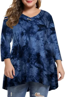 MONNURO Womens Plus Size 3/4 Sleeve V Neck Button Casual Loose Flowy Swing Tunic Tops Basic Tee Shirts for Leggings