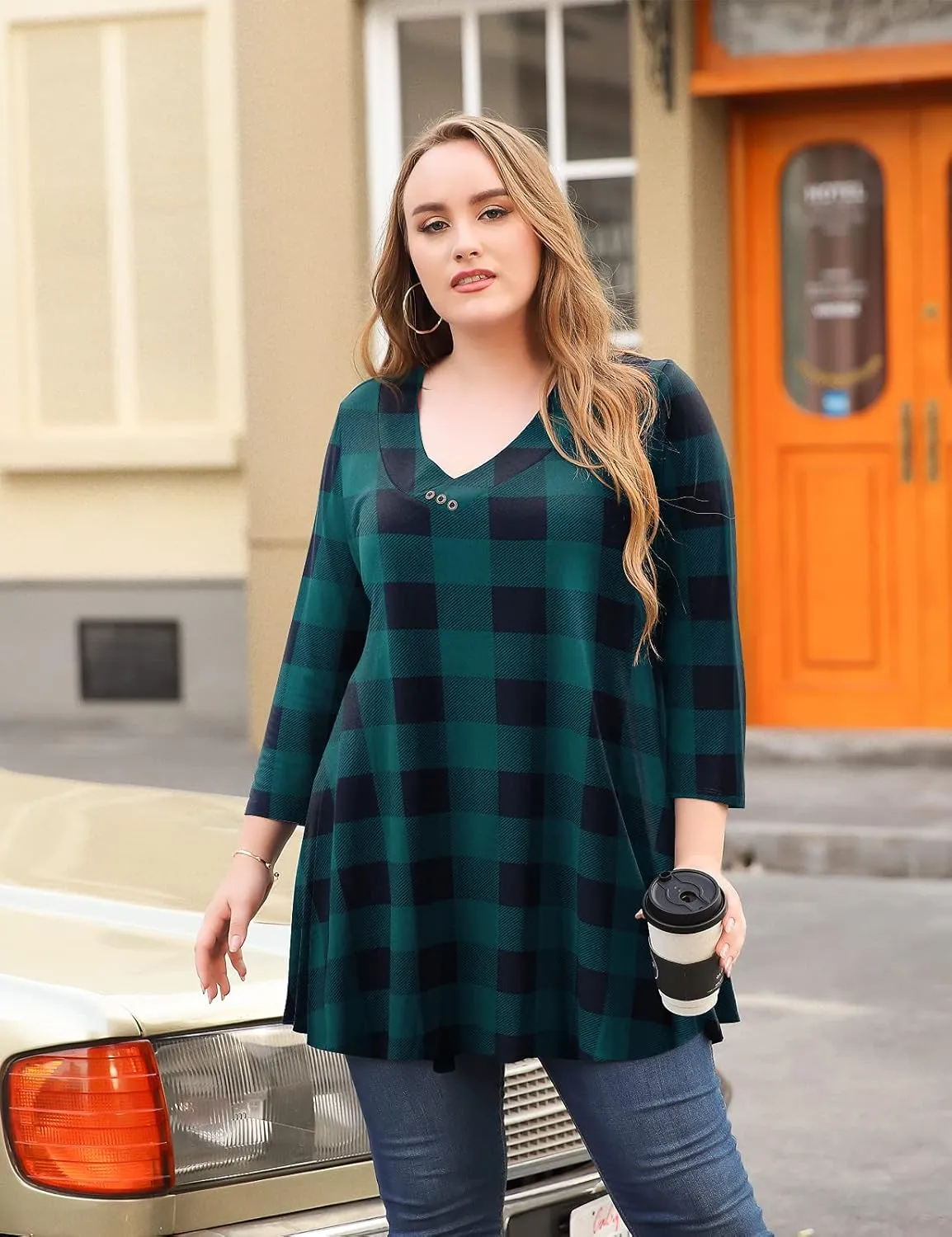 MONNURO Womens Plus Size 3/4 Sleeve V Neck Button Casual Loose Flowy Swing Tunic Tops Basic Tee Shirts for Leggings