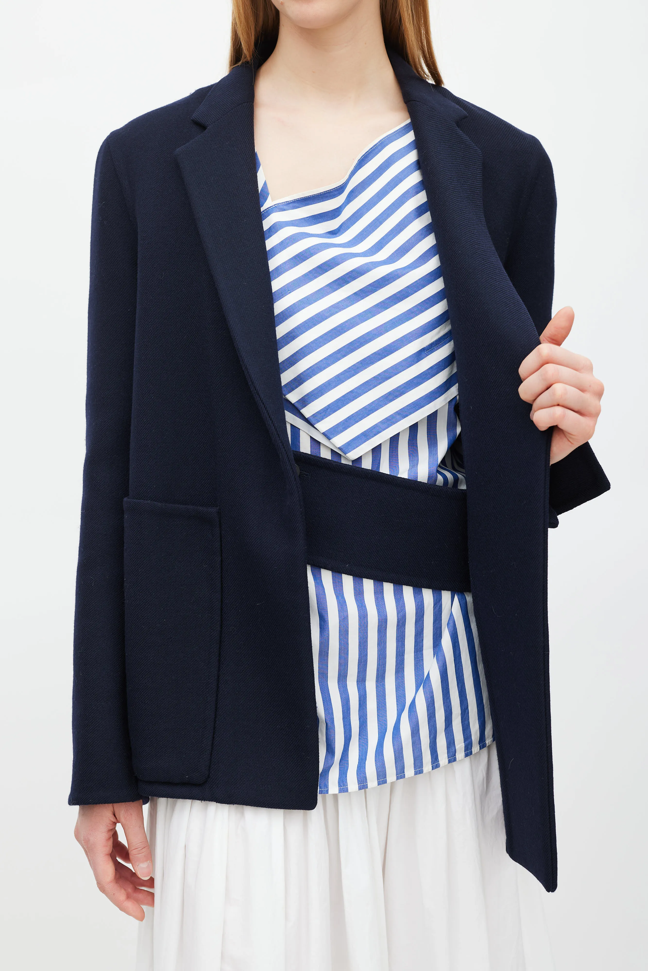Navy Wool Belted Blazer