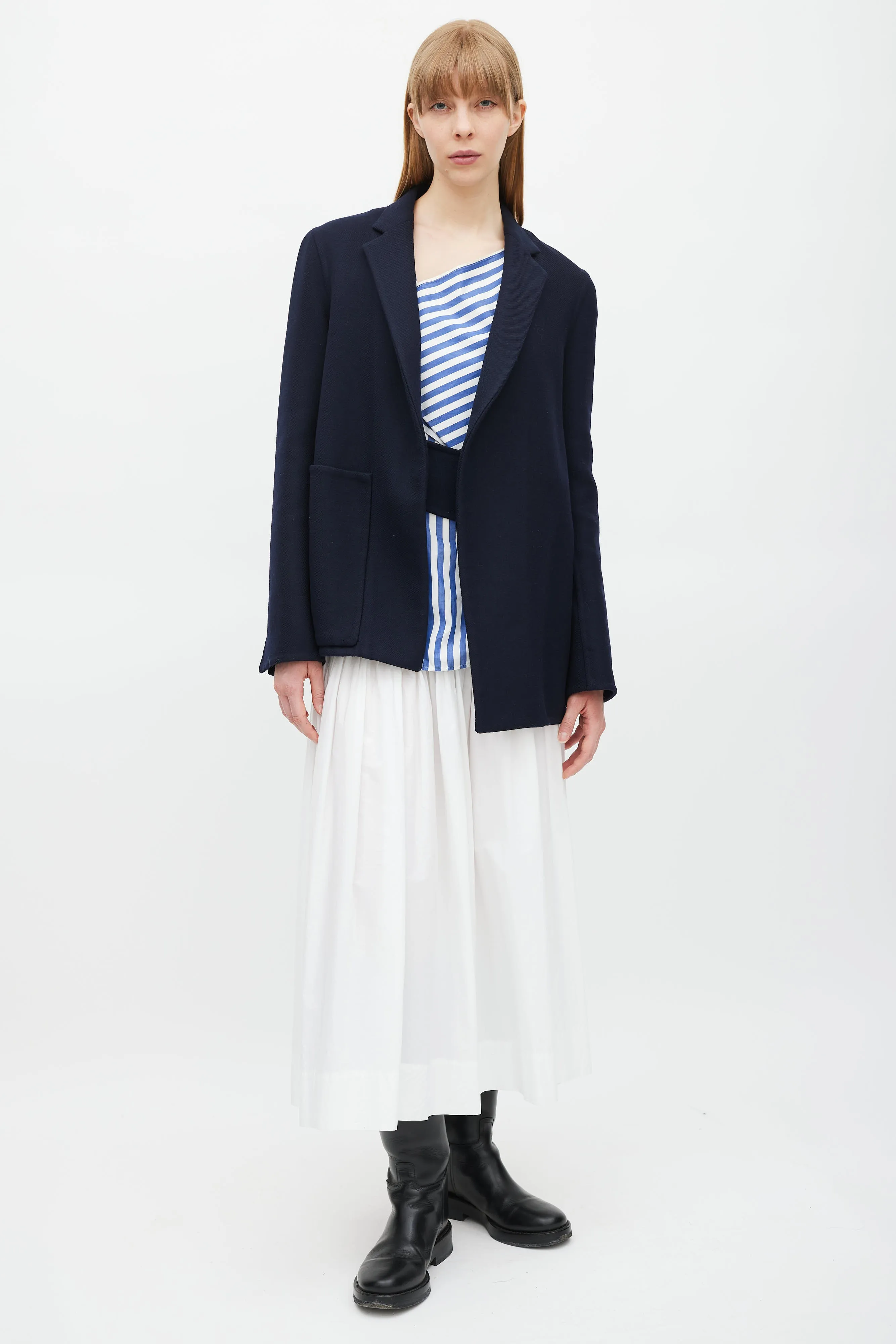 Navy Wool Belted Blazer