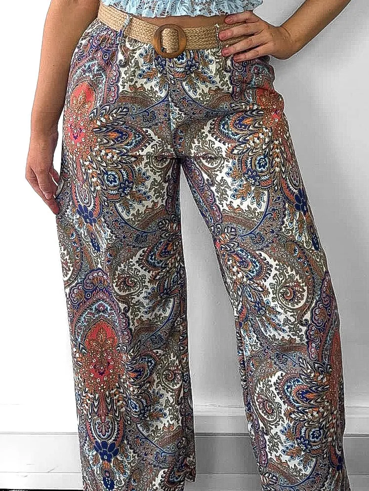 Paisley Print Belted Trousers