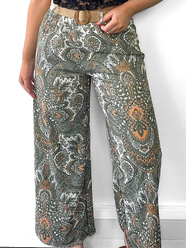 Paisley Print Belted Trousers