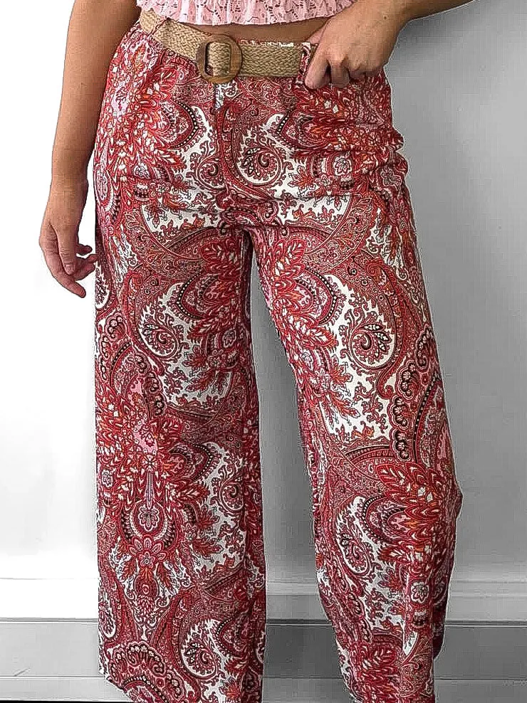 Paisley Print Belted Trousers