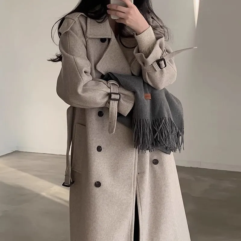 Plain Tie Waist Midi Double-Breasted Coat