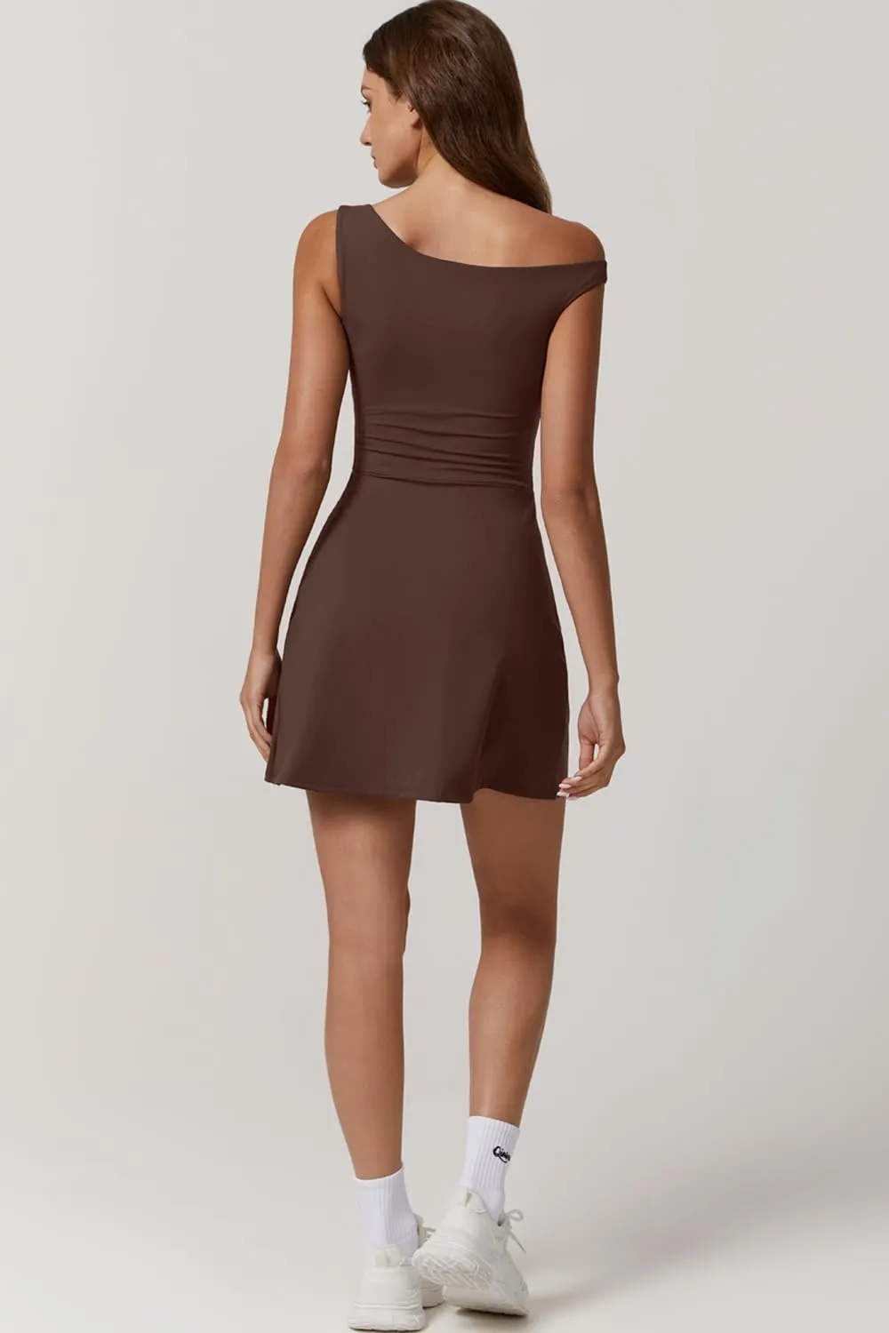QINSEN Womens One Shoulder Sleeveless Tennis Dress Built in Shorts Golf Athletic Dress with Pockets