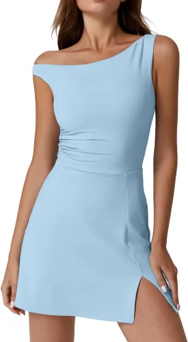 QINSEN Womens One Shoulder Sleeveless Tennis Dress Built in Shorts Golf Athletic Dress with Pockets