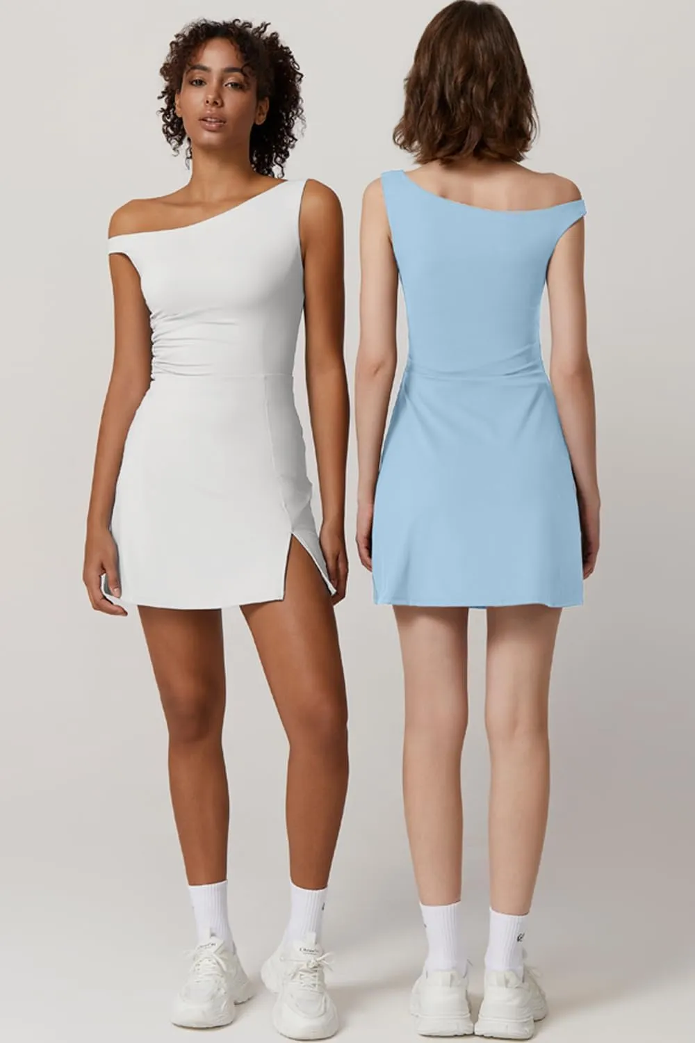 QINSEN Womens One Shoulder Sleeveless Tennis Dress Built in Shorts Golf Athletic Dress with Pockets