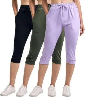Real Essentials 3-Pack: Women's Ultra Soft Lounge Capri Joggers Sweatpants Athletic Yoga with Pockets(Available in Plus Size)