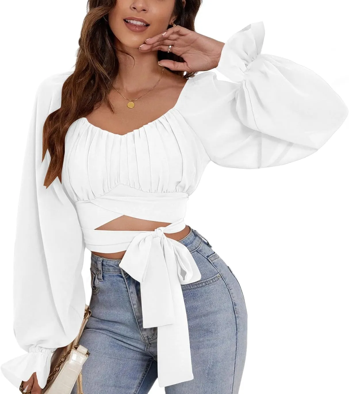 Rooscier Women's Ruched Wrap Square Neck Flounce Long Sleeve Self Tie Crop Top Blouse