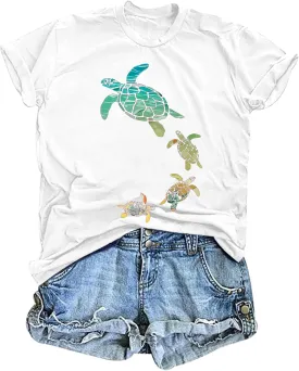 Sea Turtle Shirt for Women: Funny Animal Print Tee Ocean Life T Shirt Hawaiian Vacation Summer Tops
