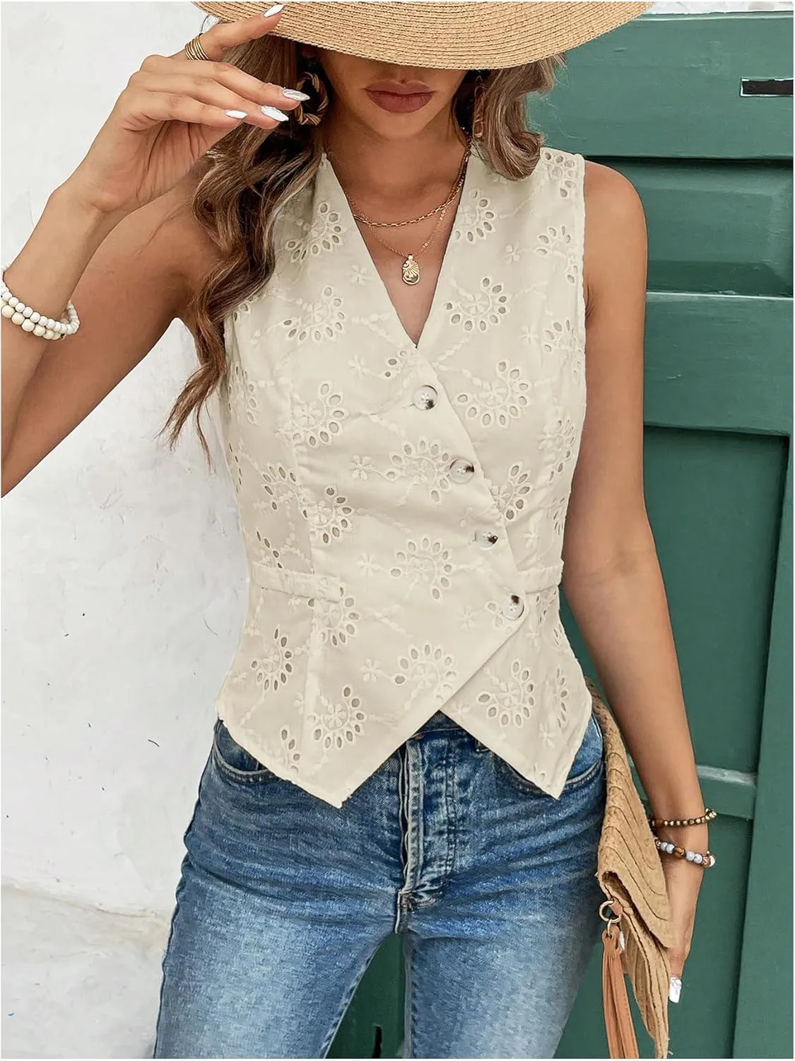 SHENHE Women's Button Up Blouse Eyelet Asymmetrical Blouse Top Dressy Sleevless Vest