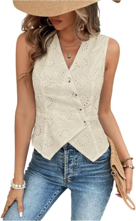 SHENHE Women's Button Up Blouse Eyelet Asymmetrical Blouse Top Dressy Sleevless Vest